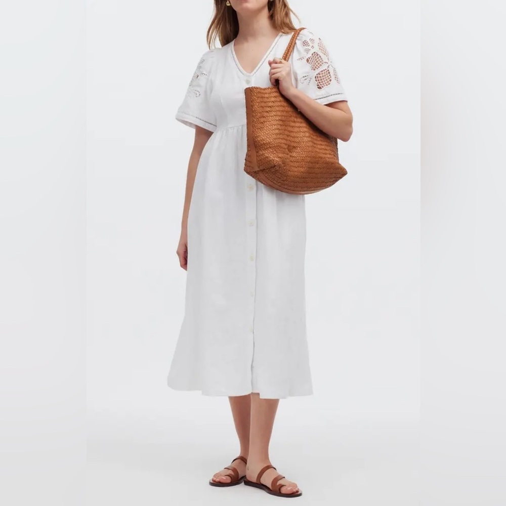 MADEWELL Cassie Openwork Detail Linen Button-Front Midi Dress